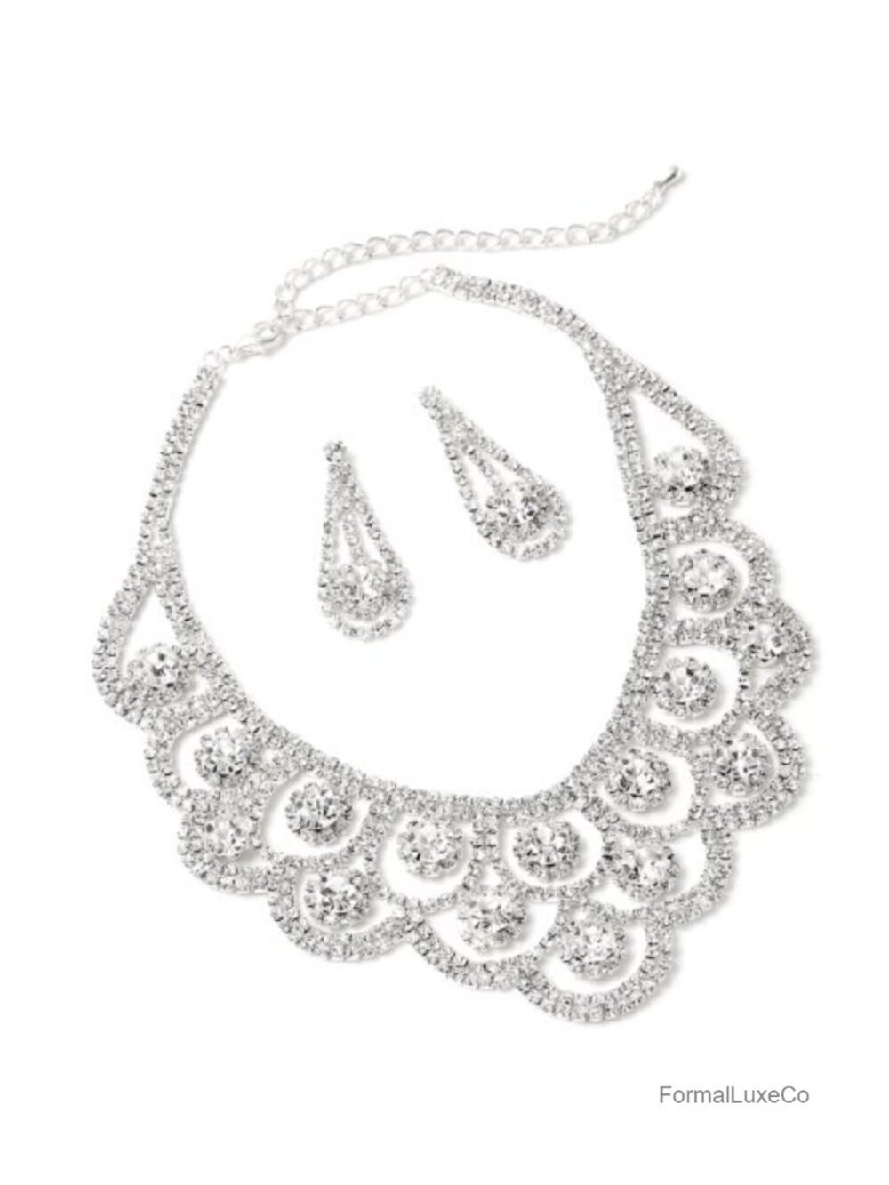Bridal Rhinestone Dangle Earrings & Chandelier Necklace Jewelry Set